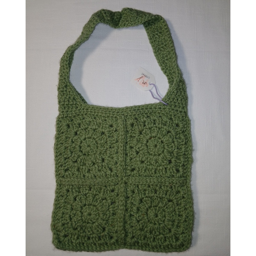 Handmade Crochet Granny Square Tote Bag Sage Green Shoulder Purse Boho Market